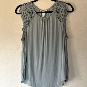 H&M Light Sage, Short-Sleeve Top with Lace Shoulder Detail. Size Large.